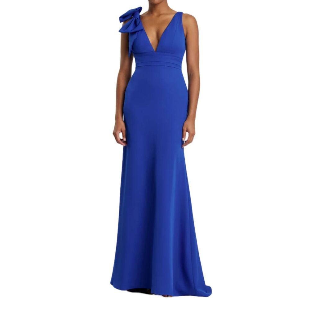 Mac Duggal Dark Blue Sleeveless V Neck Bow Detail Mermaid Gown 49454 Sz 6